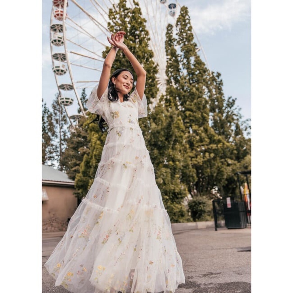 JessaKae White Maxi Dress with Pastel Floral Embroidery